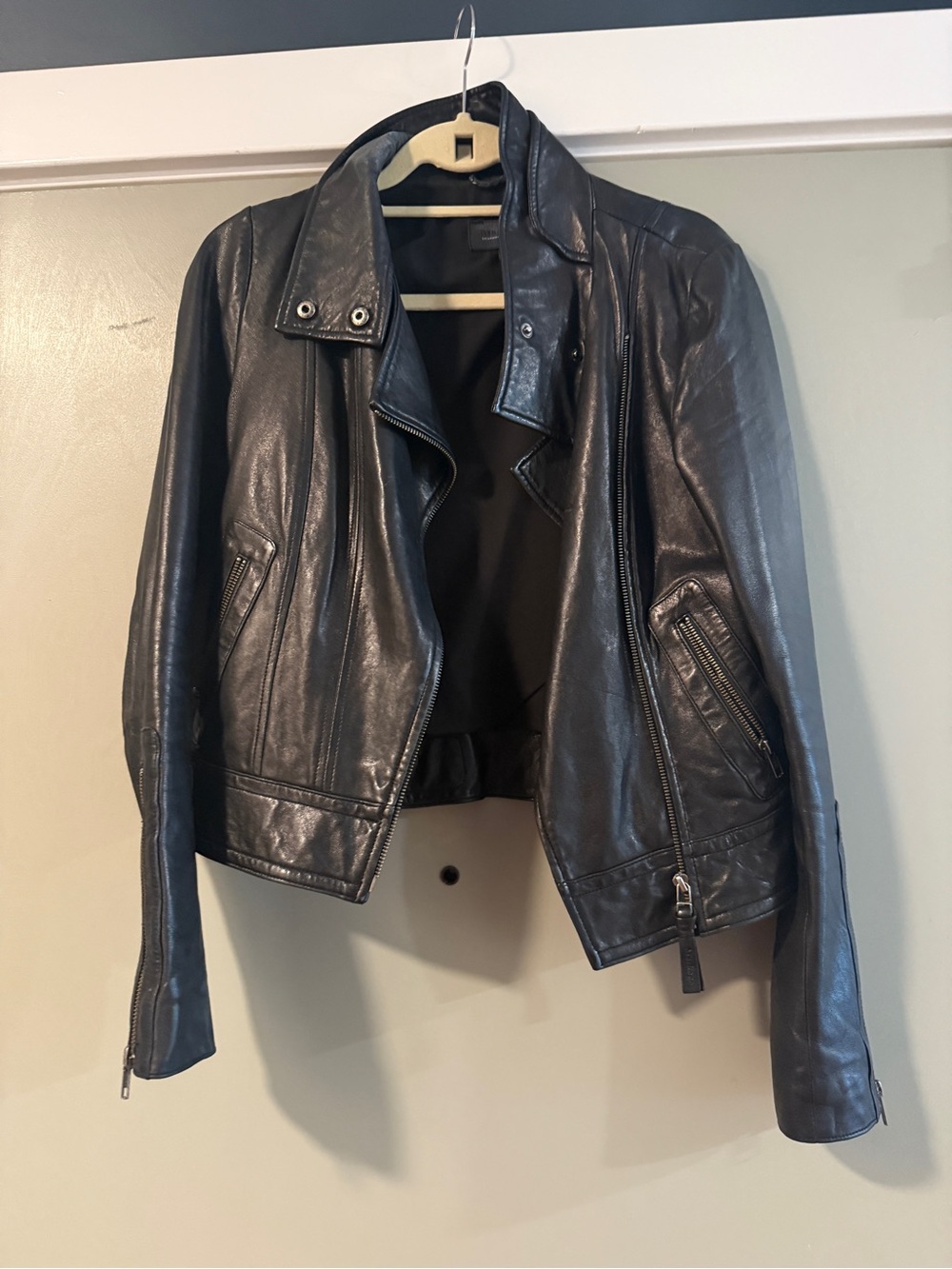 Mackage for Aritzia Black Leather Moto Jacket with Zip Details